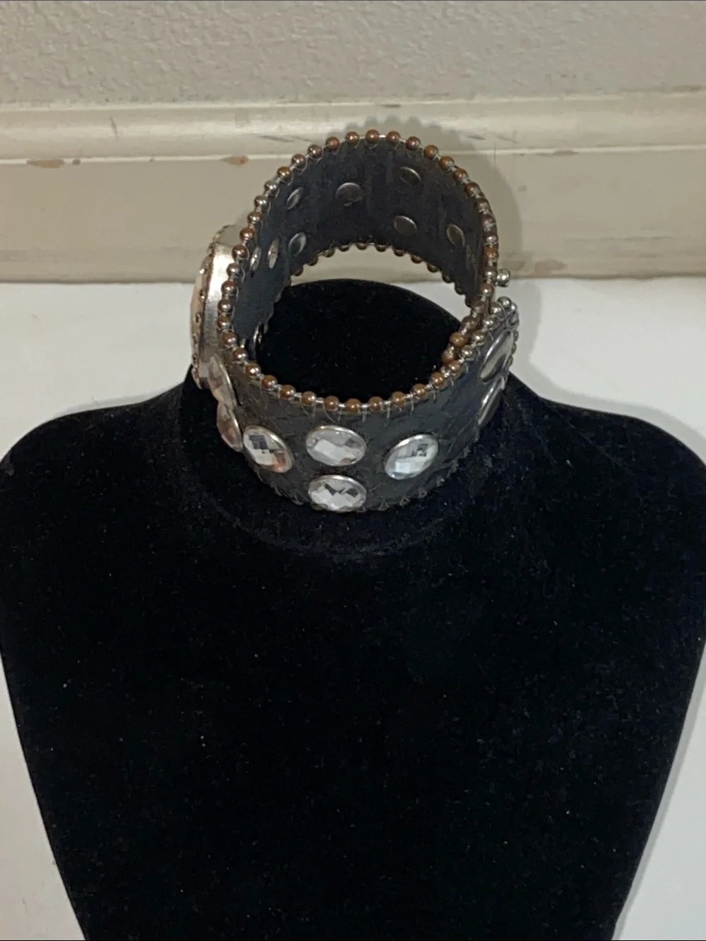 Heart Faux Crystal Studded Leather Cuff Bracelet - Black with Clear Gems Unisex